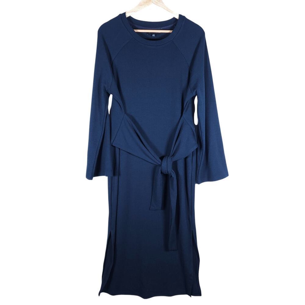 Eloquii Womens Navy Blue Midi Dress 14 16 Tie Waist Long Sleeve Light Academia